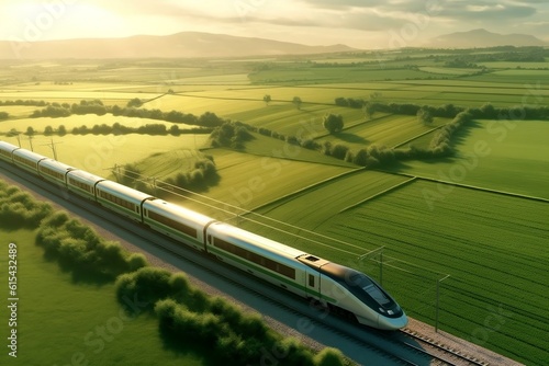 Aerial View of Modern High-Speed Train in Sunny Weather Amidst Green Fields. AI photo
