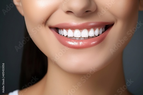 Beautiful Smile of Healthy Woman with White Teeth Closeup  Dentist Tooth Whitening. AI