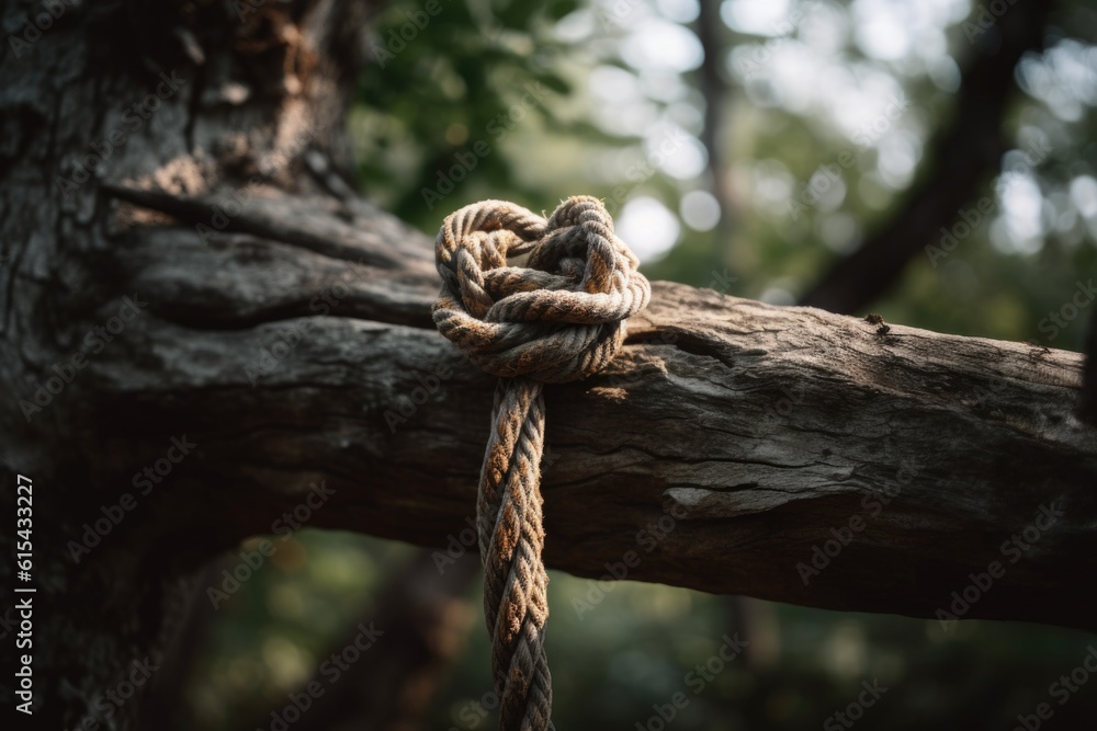 rope tied in figure eight and hangin from a tree branch, created with ...