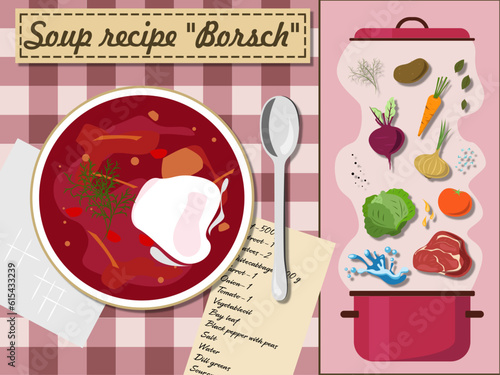 Сoncept with healthy food. Soup recipe Borsch. Vegetables.