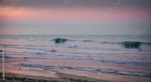 a beautiful sunset at the beach with waves crashing, generative AI.