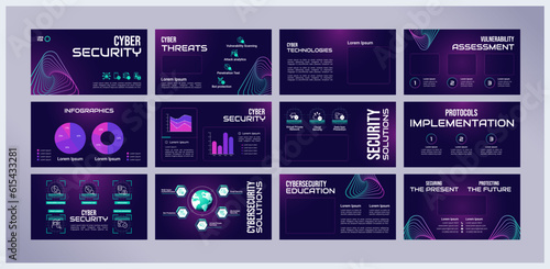 Cybersecurity presentation templates set. Cybercrime prevention. Security awareness. Ready made PPT slides on purple background. Graphic design. Roboto Light, Bebas Neue, Audiowide fonts used