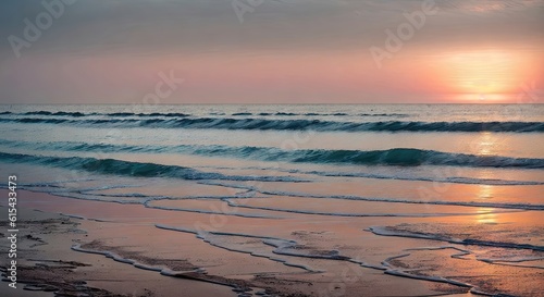 a sunset on the beach with waves coming in, generative AI.