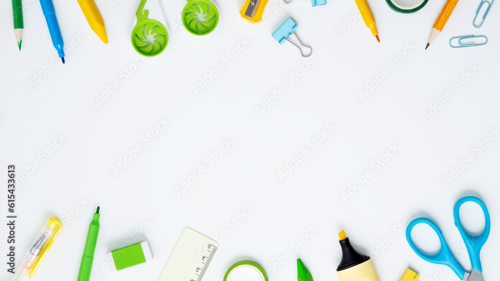 Set of stationery for work and study on white background. Back to school. Top view, flat lay, copy space Set of stationery for work and study on white background. Back to school. Top view, flat lay, copy space
