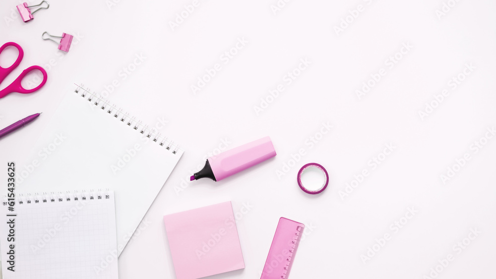 Mockup notebooks and set of stationery for work and study on white background. Back to school. Top view, flat lay, copy space Mockup notebooks and set of stationery for work and study on white background. Back to school. Top view, flat lay, copy space