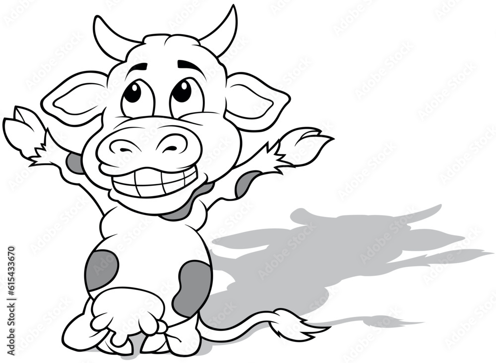 Drawing of a Cheerful Cow with Open Arms Kneeling on the Ground Drawing of a Cheerful Cow with Open Arms Kneeling on the Ground