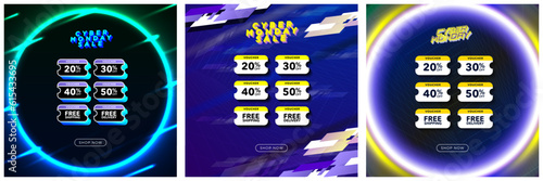 Set of Creative Cyber Monday Sale Discount Vouchers layout designs. Price discounts, free shipping, free delivery. Rings of multi-colored lights. Editable Vector Illustration. EPS 10.