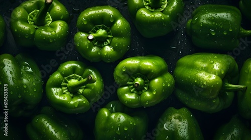 Overhead Shot of green Peppers with visible Water Drops. Close up. 