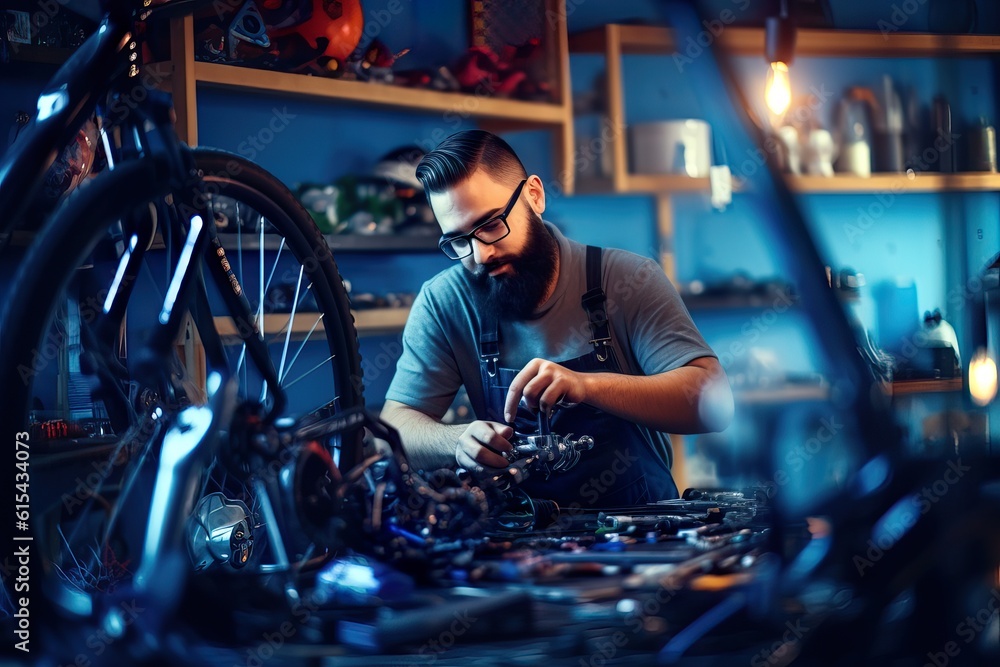 Enthusiastic Small Business Male Owner Repairing Bicycle. Generative AI. Enthusiastic Small Business Male Owner Repairing Bicycle. Generative AI.