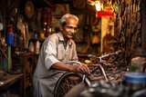 Enthusiastic Small Business Male Owner Repairing Bicycle. Generative AI.