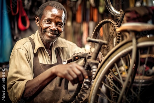 Enthusiastic Small Business Male Owner Repairing Bicycle. Generative AI.