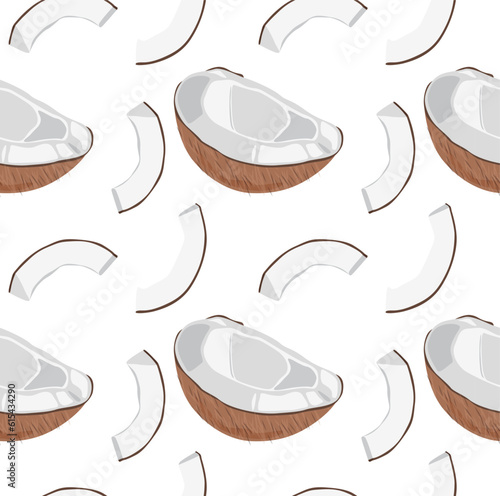 Coconut halves and chopped coconut wedges. Seamless pattern in vector. Summer pattern with tropical fruits.