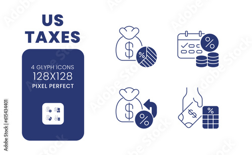 US taxes black solid desktop icons pack. Revenue system. Taxation policies. Taxable income. Pixel perfect 128x128, outline 2px. Symbols on white space. Glyph pictograms. Isolated vector images