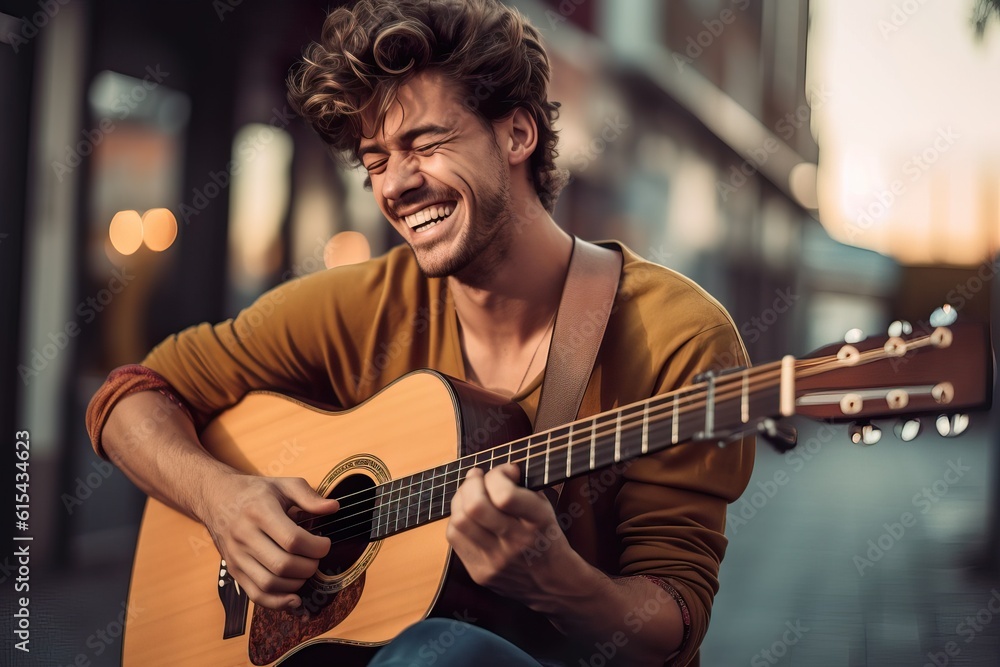Fototapeta premium Joyful Street Musician Strumming Acoustic Guitar in Vibrant Urban Setting. Generative AI.