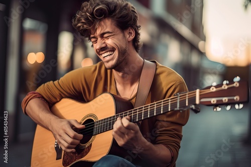 Joyful Street Musician Strumming Acoustic Guitar in Vibrant Urban Setting. Generative AI.