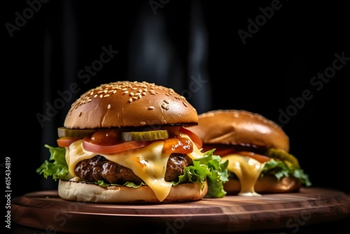 Two Burgers with cheese, lettuce, sauce, tomato and cucumber on a wooden board, black background