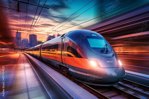 High-Speed Train at Station with Blurred City Background: High-Resolution, High-Quality Image for Travel, Lighting, Colorfulness, Fast Travel, and Punctuality. AI
