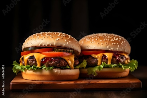 Two Burgers with cheese, lettuce, sauce, cucumber and tomato on a wooden board, black background