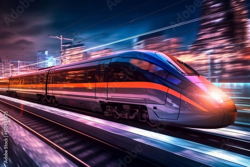 High-Speed Train at Station with Blurred City Background: High-Resolution, High-Quality Image for Travel, Lighting, Colorfulness, Fast Travel, and Punctuality. AI