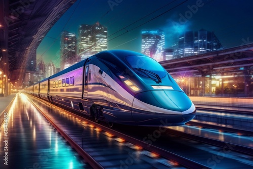 High-Speed Train at Station with Blurred City Background  High-Resolution  High-Quality Image for Travel  Lighting  Colorfulness  Fast Travel  and Punctuality. AI