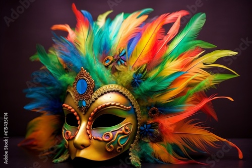 Mardi Gras Mask Adorned with Colorful Plumage. AI © Usmanify