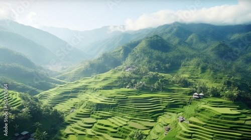 aerial view see the field at sunset rice terraces and mountain beautiful landscape.AI generated