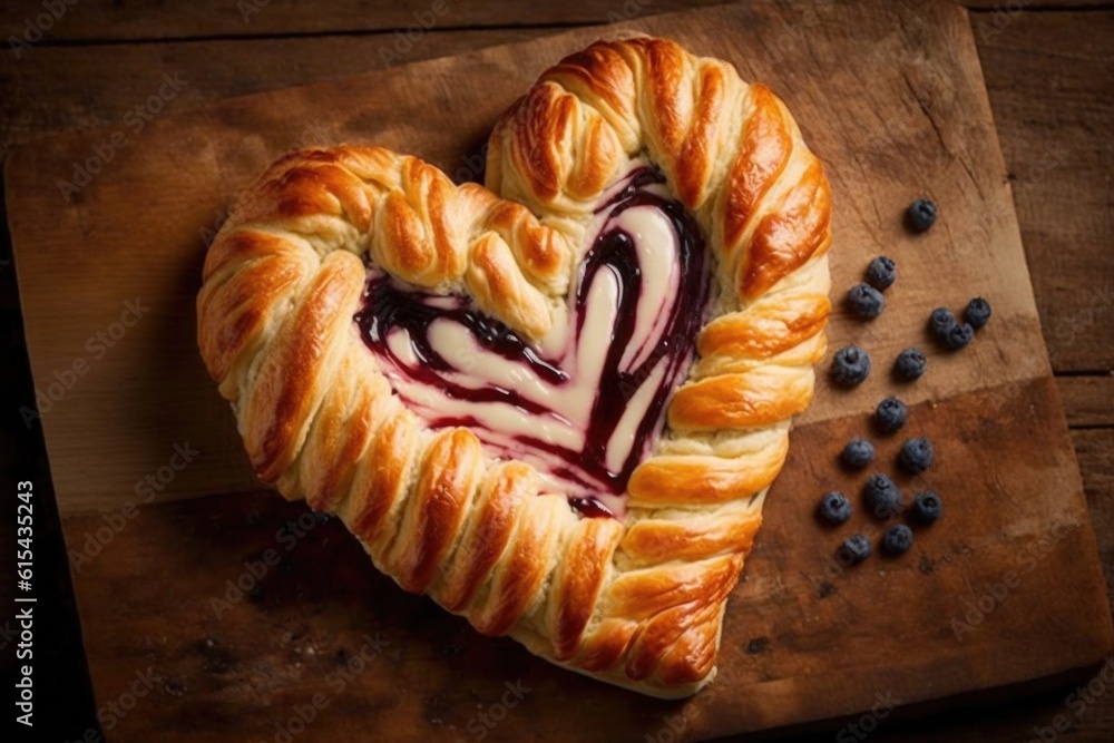 heartshaped danish pastry with blueberry jam and cream cheese filling
