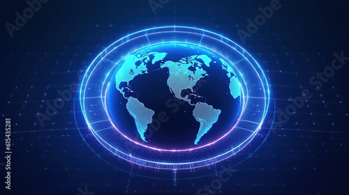 global network and data exchanges over the world 3D rendering Wireframed blue digital world map on dark background.AI Generated