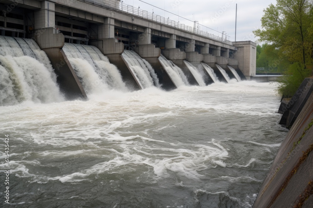 hydroelectric power plant, with water cascading down the turbines, producing electricity, created with generative ai