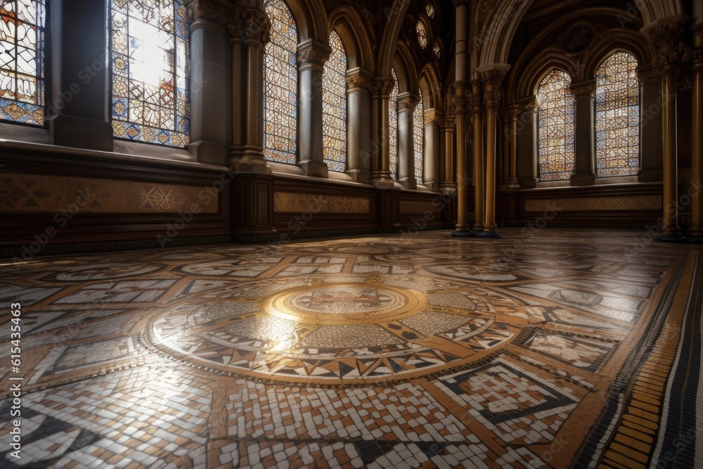 Naklejka premium tiled floor with intricate mosaic in church or cathedral, created with generative ai