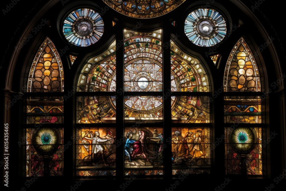 stained glass window with mosaic of intricate patterns and shapes, created with generative ai