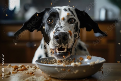 close-up of a dog eating from its bowl, with drool and crumbs flying everywhere, created with generative ai photo