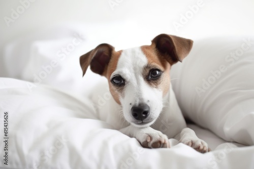 portrait of happy dog, lying in bed with head on pillow, looking at camera, created with generative ai