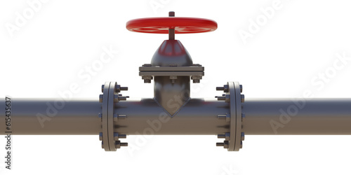 Industrial pipeline and valve with red wheel, isolated on transparent background. PNG	