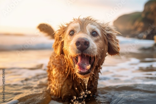 portrait of happy dog, with view of beach, playing in waves, created with generative ai © Natalia