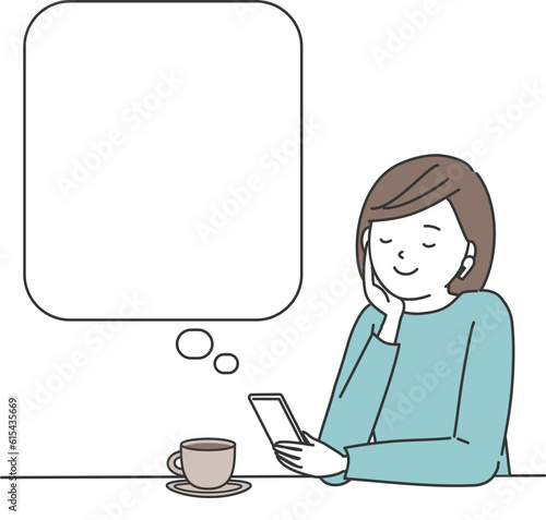 スマートフォンの音声をイヤホンで聞いている女性