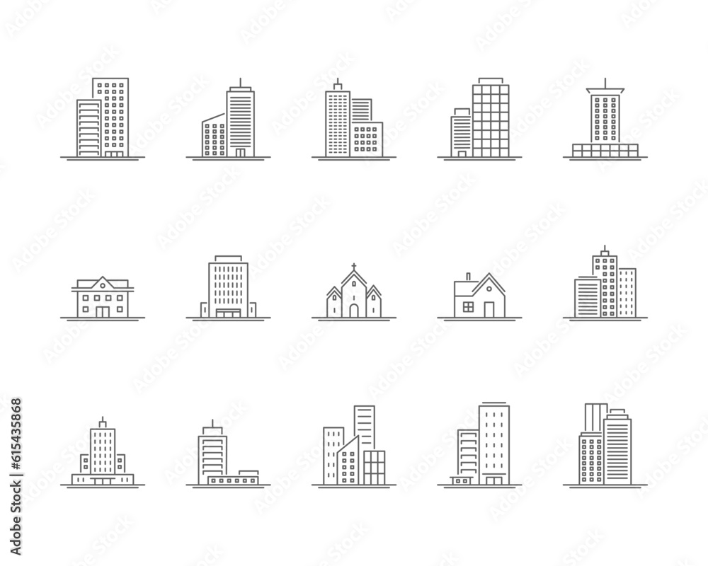 Different Types Building Black Thin Line Icon Set Include of Skyscraper, Hotel and Element Cityscape. Vector illustration of Icons