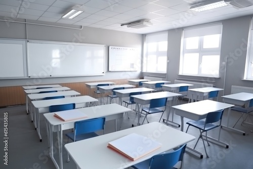 close-up of modern empty classroom with interactive whiteboard and tablets  created with generative ai