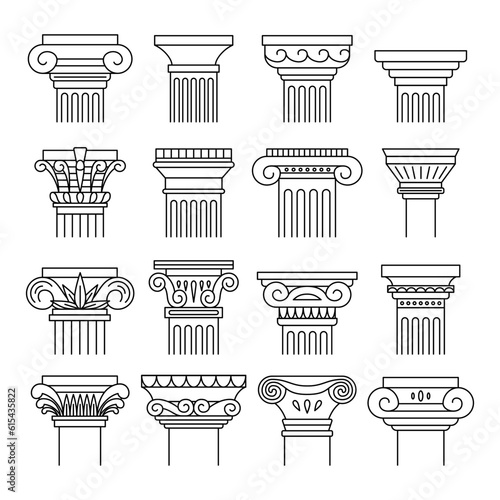 Ancient Columns Black Thin Line Icon Set Include of Ionic, Doric and Corinthian Order. Vector illustration of Icons