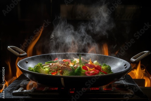 shutter-speed shot of sizzling wok, with vegetables and meat cooked to perfection, created with generative ai