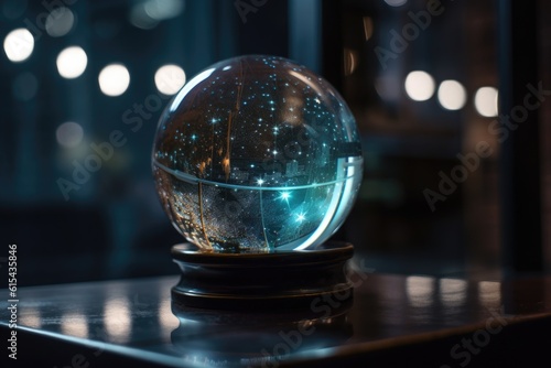 close-up of crystal ball, with stars and galaxies visible in the reflection, created with generative ai