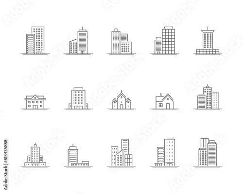 Different Types Building Black Thin Line Icon Set Include of Skyscraper, Hotel and Element Cityscape. Vector illustration of Icons