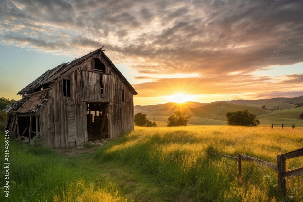 rustic barn, with view of sunrise, surrounded by rolling hills, created with generative ai rustic barn, with view of sunrise, surrounded by rolling hills, created with generative ai