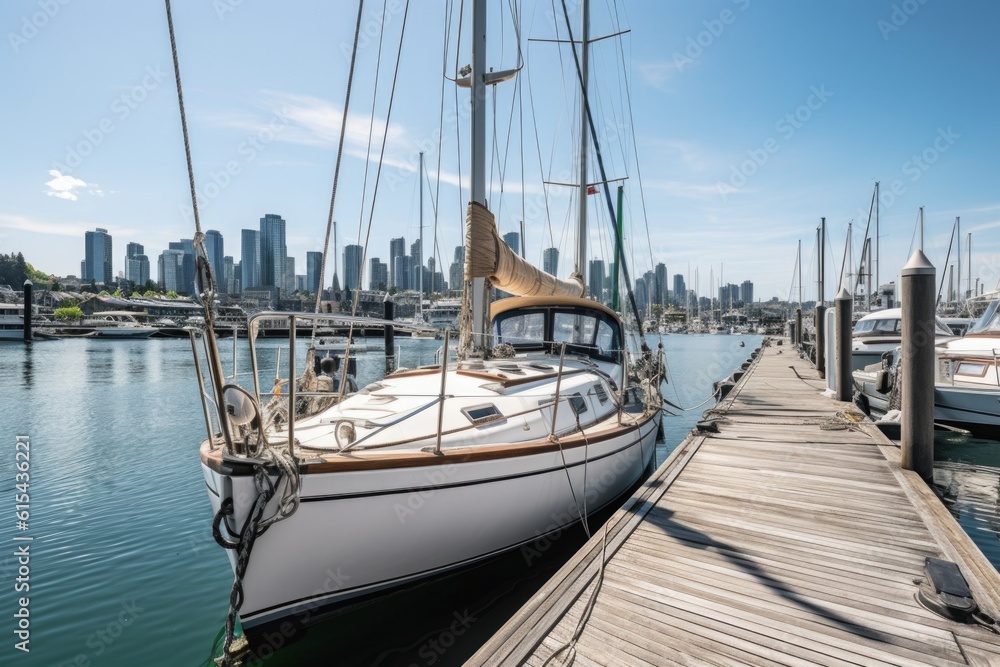 sailboat docked at marina with view of the city skyline in the background, created with generative ai sailboat docked at marina with view of the city skyline in the background, created with generative ai
