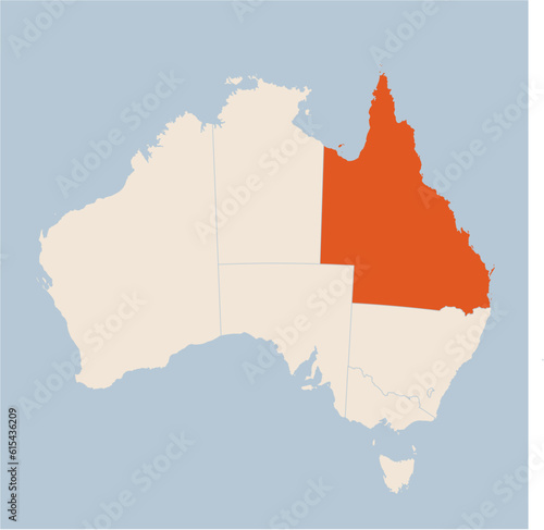 Vector map of the state of Queensland highlighted highlighted in orange on a beige colored map of Australia.