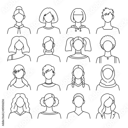 Different Types Female Avatar Black Thin Line Icon Set Head and Diversity Hairstyle. Vector illustration of User Icons