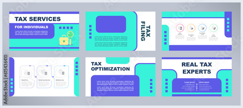 Tax services for individuals presentation templates set. Professional accountant. Bookkeeping business. Ready made PPT slides on blue and white background. Graphic design. Arial font used