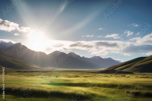 serene landscape with mountain range in the background, sun shining down, created with generative ai