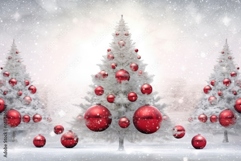 a christmas tree with white snow and decorations, with red and silver balls. Merry Christmas and Happy Holidays greeting card, frame, banner. New Year. Winter xmas holiday theme. Generative AI