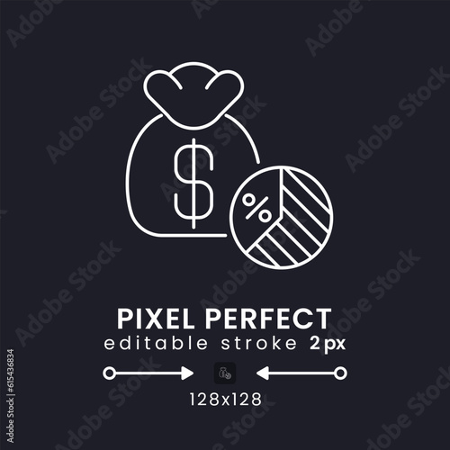 Taxable Income white linear desktop icon on black. Capital gains. Tax deductions. Business earnings. Pixel perfect 128x128, outline 2px. Isolated user interface symbol for dark theme. Editable stroke
